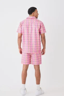 Elastic Waist Check Pu Relaxed Short | BoohooMAN UK