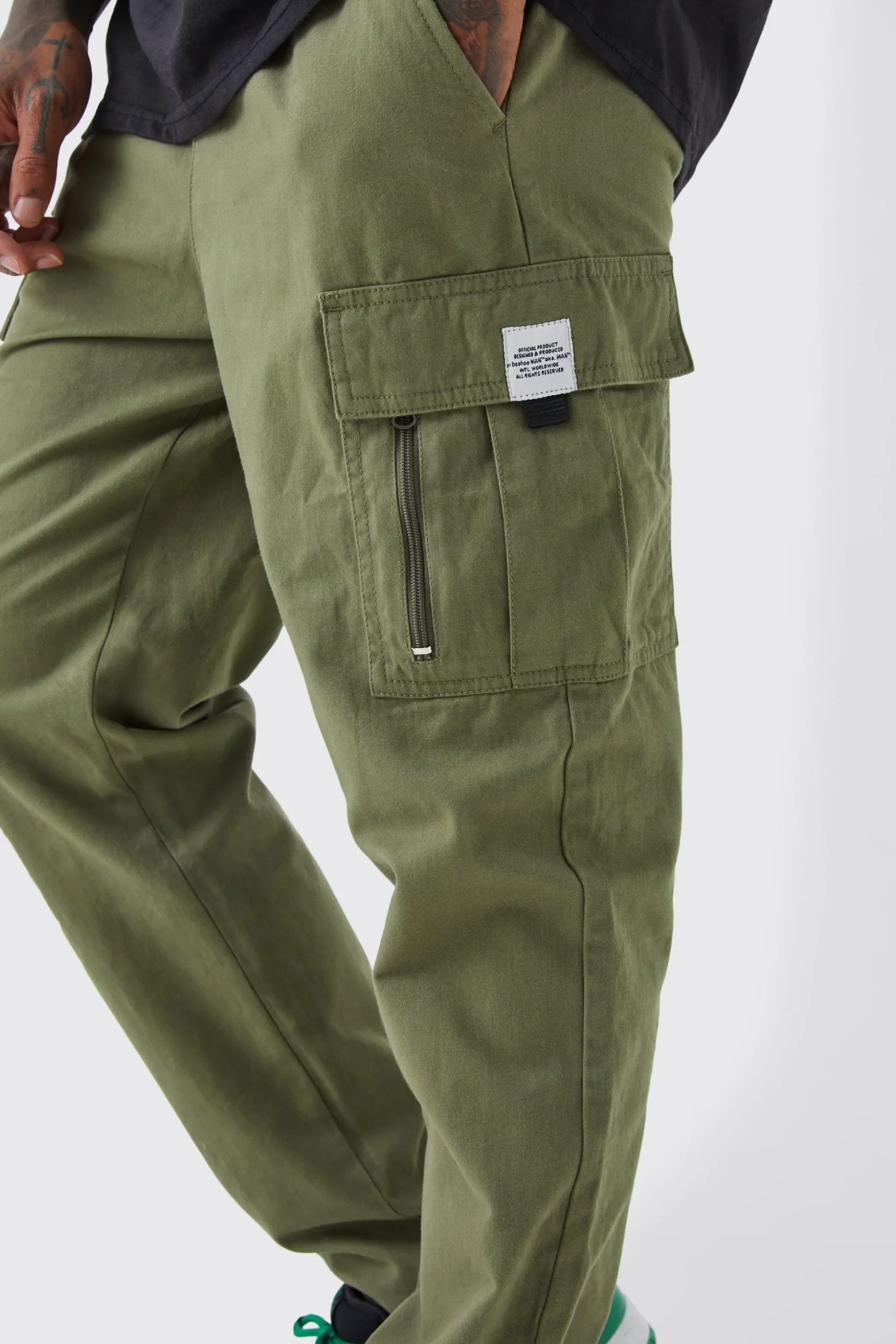 Elastic Waist Straight Cargo Zip Detail Trouser | BoohooMAN UK