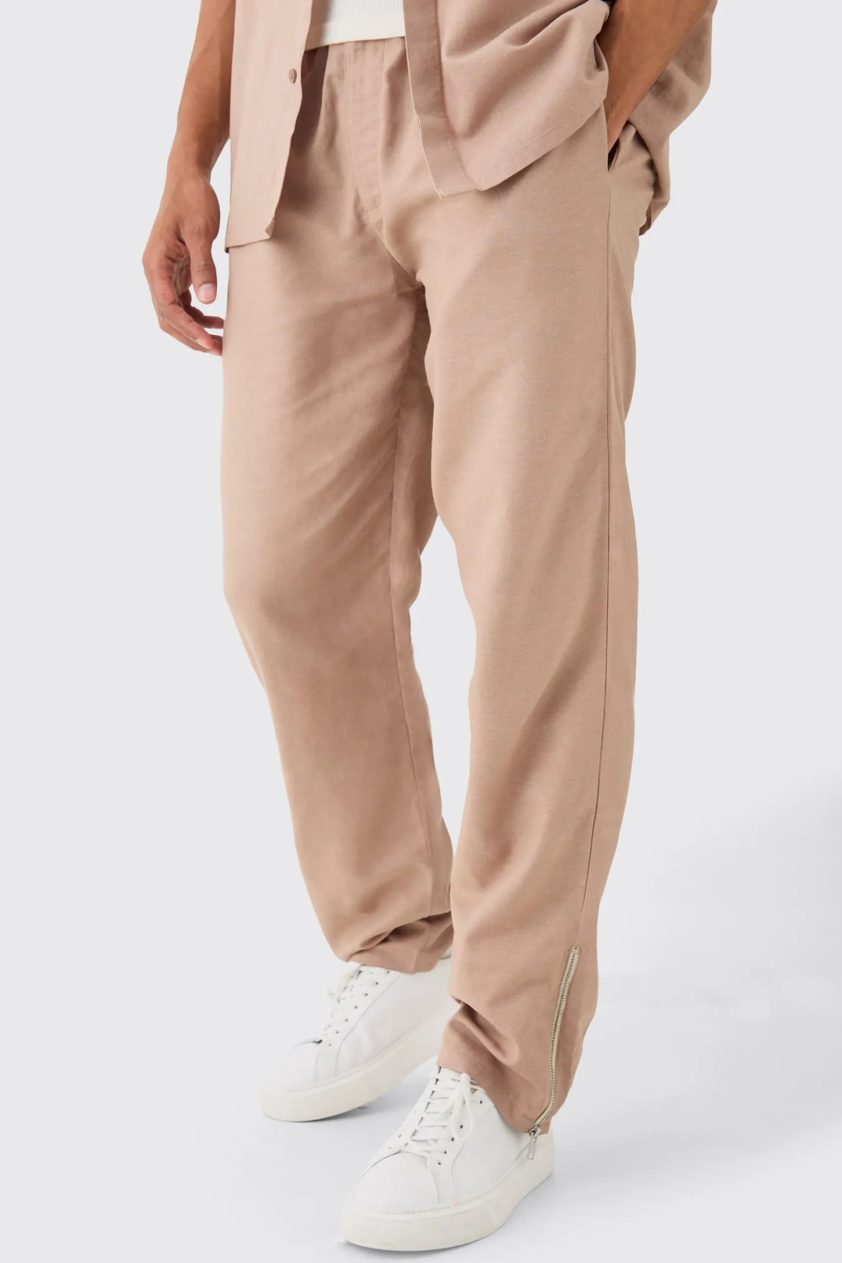 Elastic Waist Straight Leg Linen Trouser | BoohooMAN UK