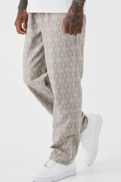 Elastic Waist Straight Woven Geo Trouser | BoohooMAN UK