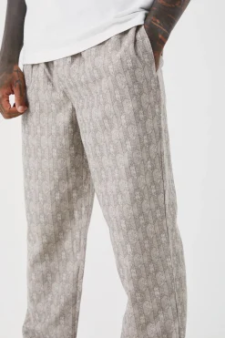 Elastic Waist Straight Woven Geo Trouser | BoohooMAN UK