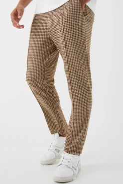 Elasticated Tapered Pintuck Dogstooth Trousers | BoohooMAN UK