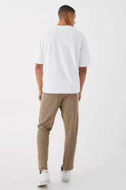 Elasticated Tapered Pintuck Dogstooth Trousers | BoohooMAN UK