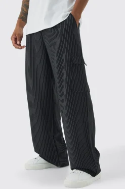 Elasticated Waist Baggy Pinstripe Cargo Trousers | BoohooMAN UK