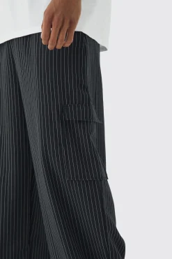 Elasticated Waist Baggy Pinstripe Cargo Trousers | BoohooMAN UK