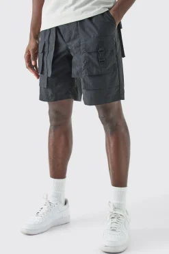 Elasticated Waist Crinkle Nylon Buckle Cargo Short | BoohooMAN UK