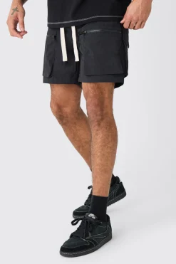 Elasticated Waist Crinkle Nylon Zip Cargo Short | BoohooMAN UK