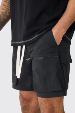 Elasticated Waist Crinkle Nylon Zip Cargo Short | BoohooMAN UK