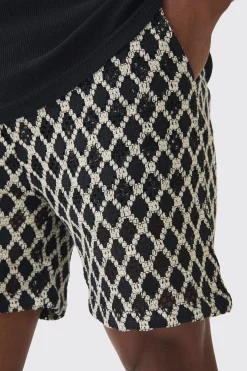 Elasticated Waist Diamond Crochet Bermuda Shorts | BoohooMAN UK