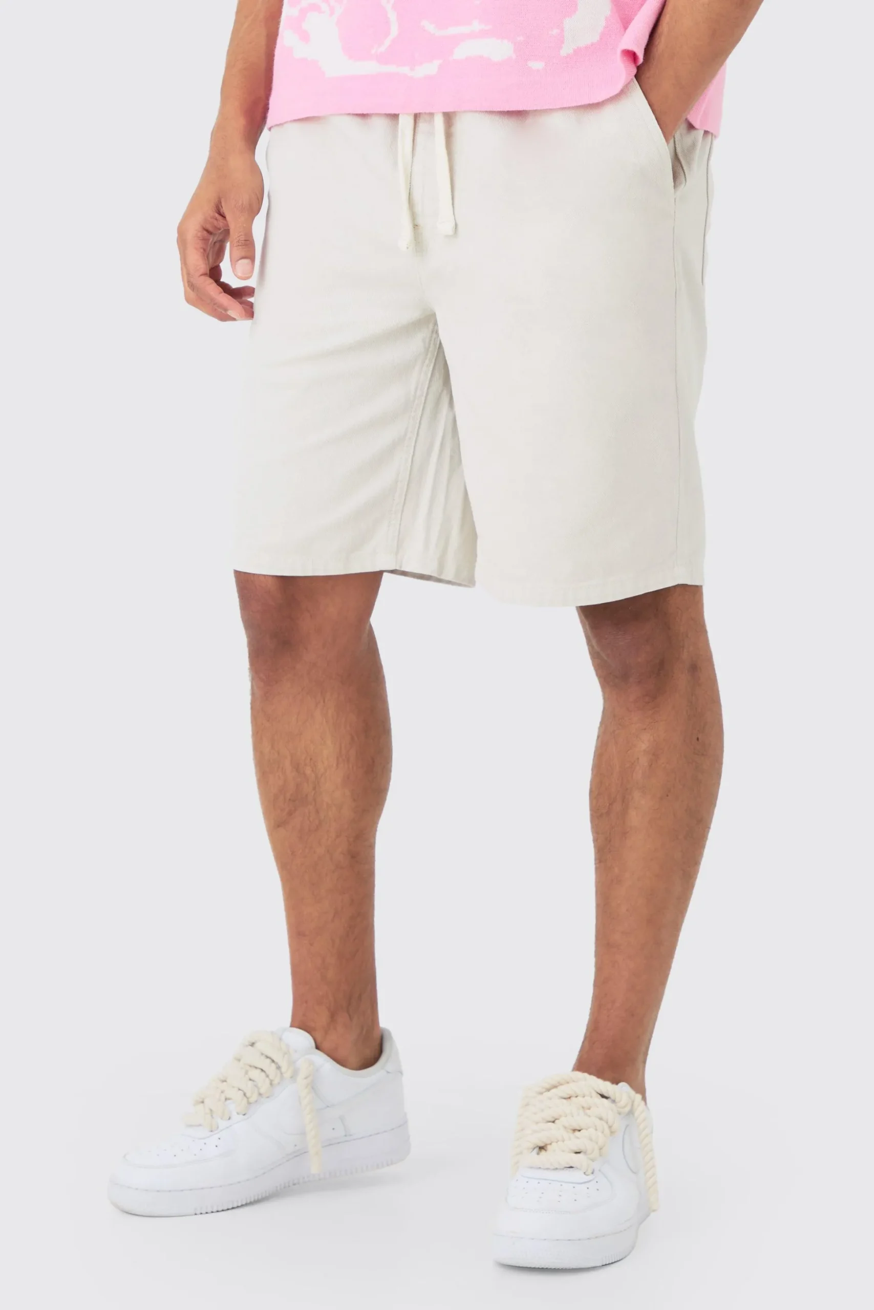 Elasticated Waist Drawcord Detail Relaxed Fit Shorts In Ecru | BoohooMAN UK