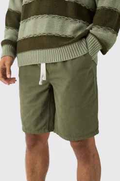 Elasticated Waist Drawcord Detail Relaxed Fit Shorts In Khaki | BoohooMAN UK
