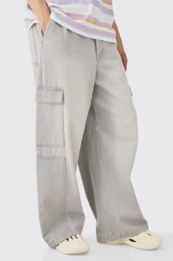 Elasticated Waist Extreme Wide Fit Cargo Jeans In Grey | BoohooMAN UK