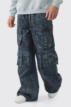 Elasticated Waist Extreme Baggy Heavyweight Washed Multi Cargo Trousers | BoohooMAN UK