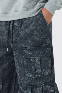 Elasticated Waist Extreme Baggy Heavyweight Washed Multi Cargo Trousers | BoohooMAN UK