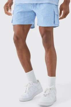 Elasticated Waist Gingham Check Linen Look Relaxed Short In Blue | BoohooMAN UK