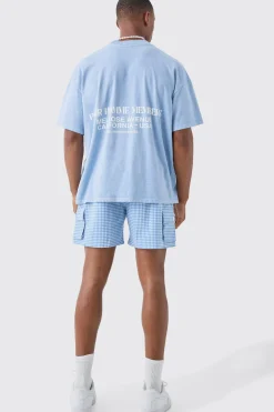 Elasticated Waist Gingham Check Linen Look Relaxed Short In Blue | BoohooMAN UK