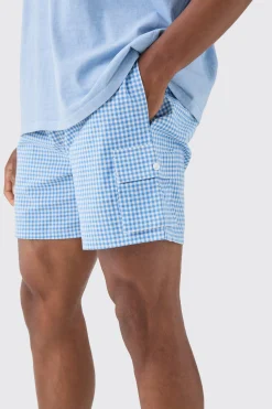 Elasticated Waist Gingham Check Linen Look Relaxed Short In Blue | BoohooMAN UK