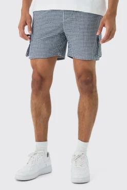 Elasticated Waist Gingham Check Linen Look Short In Black | BoohooMAN UK