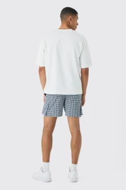 Elasticated Waist Gingham Check Linen Look Short In Black | BoohooMAN UK