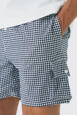 Elasticated Waist Gingham Check Linen Look Short In Black | BoohooMAN UK