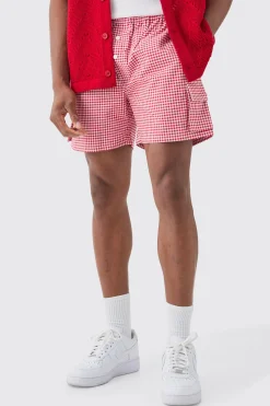 Elasticated Waist Gingham Check Linen Look Relaxed Short In Red | BoohooMAN UK