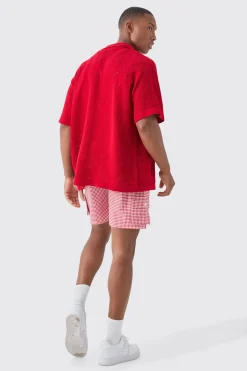 Elasticated Waist Gingham Check Linen Look Relaxed Short In Red | BoohooMAN UK