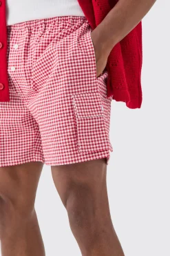 Elasticated Waist Gingham Check Linen Look Relaxed Short In Red | BoohooMAN UK