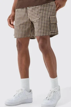 Elasticated Waist Gingham Check Linen Look Relaxed Short In Brown | BoohooMAN UK