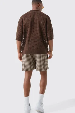 Elasticated Waist Gingham Check Linen Look Relaxed Short In Brown | BoohooMAN UK