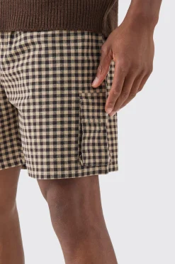 Elasticated Waist Gingham Check Linen Look Relaxed Short In Brown | BoohooMAN UK