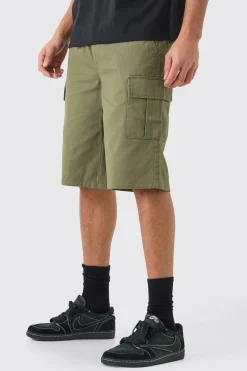 Elasticated Waist Khaki Relaxed Fit Longer Length Cargo Shorts | BoohooMAN UK