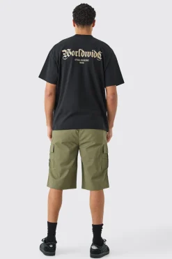 Elasticated Waist Khaki Relaxed Fit Longer Length Cargo Shorts | BoohooMAN UK