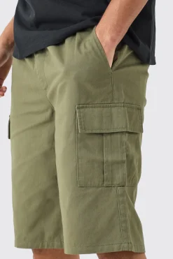 Elasticated Waist Khaki Relaxed Fit Longer Length Cargo Shorts | BoohooMAN UK