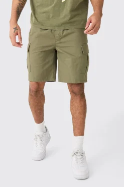 Elasticated Waist Khaki Relaxed Fit Cargo Shorts | BoohooMAN UK