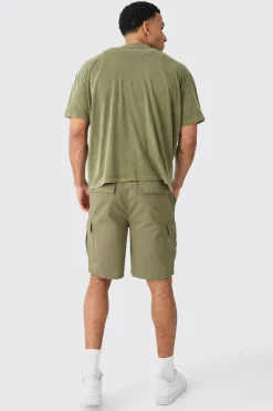 Elasticated Waist Khaki Relaxed Fit Cargo Shorts | BoohooMAN UK