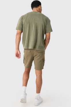 Elasticated Waist Khaki Slim Fit Cargo Shorts | BoohooMAN UK