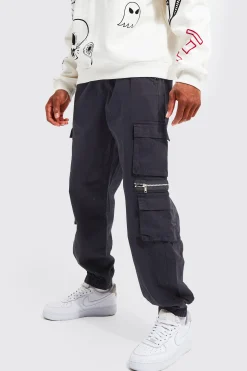 Elasticated Waist Multi Pocket Zip Cargo Trouser | BoohooMAN UK