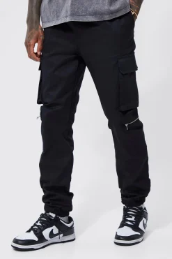 Elasticated Waist Multi Pocket Zip Cargo Trouser | BoohooMAN UK