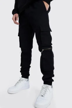 Elasticated Waist Multi Pocket Zip Cargo Trouser | BoohooMAN UK