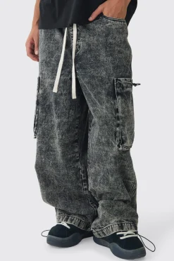 Elasticated Waist Parachute Acid Wash Cargo Jeans | BoohooMAN UK