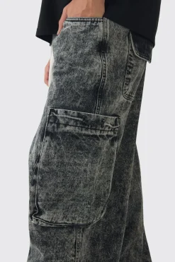 Elasticated Waist Parachute Acid Wash Cargo Jeans | BoohooMAN UK