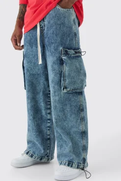 Elasticated Waist Parachute Acid Wash Cargo Jeans | BoohooMAN UK