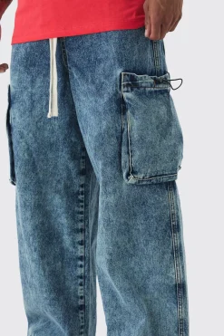 Elasticated Waist Parachute Acid Wash Cargo Jeans | BoohooMAN UK