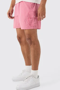 Elasticated Waist Pinstripe Linen Look Short In Red | BoohooMAN UK