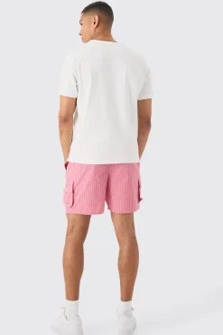 Elasticated Waist Pinstripe Linen Look Short In Red | BoohooMAN UK