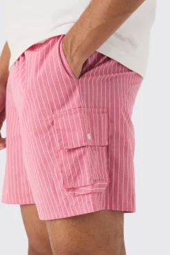 Elasticated Waist Pinstripe Linen Look Short In Red | BoohooMAN UK