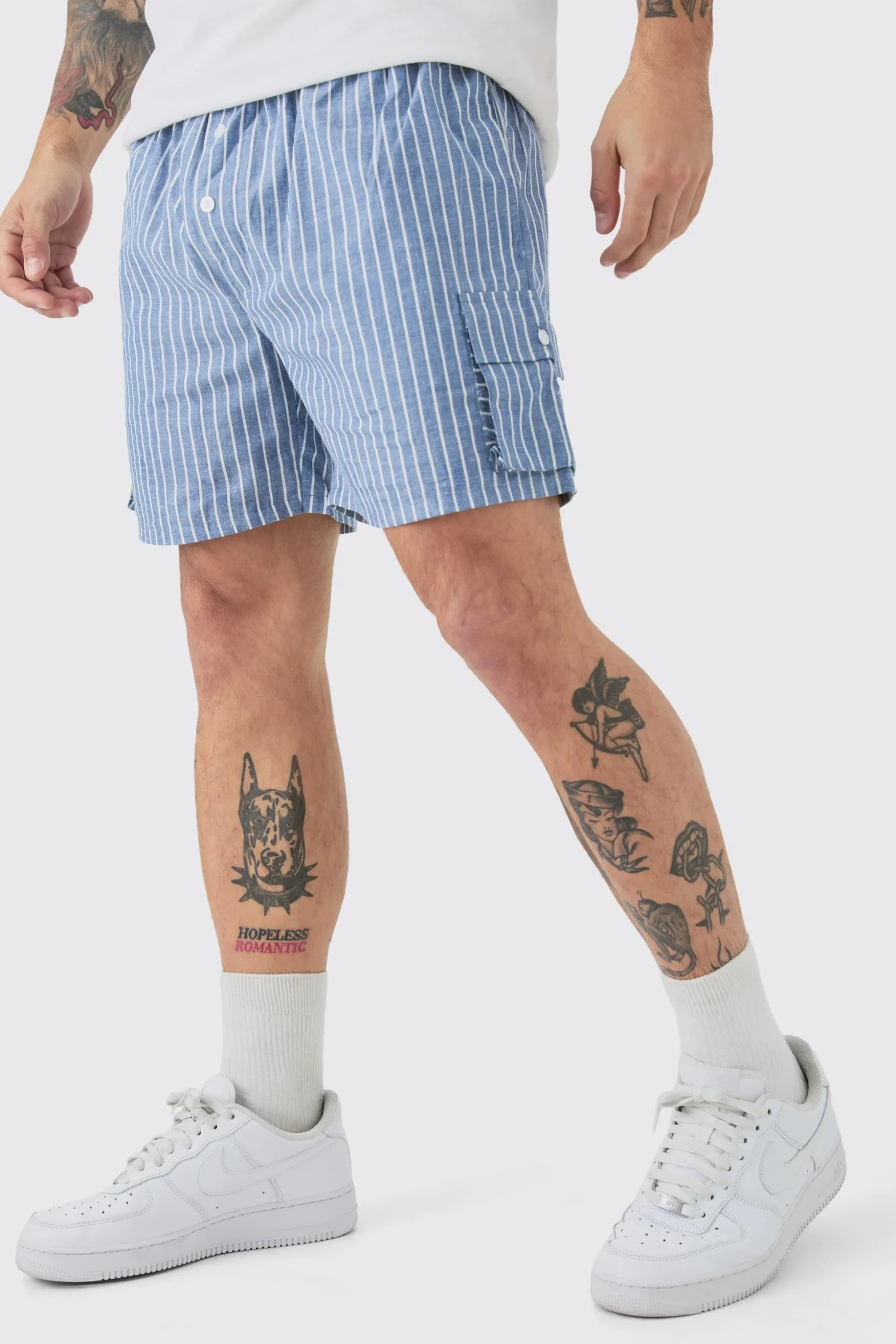 Elasticated Waist Pinstripe Linen Look Short In Blue | BoohooMAN UK
