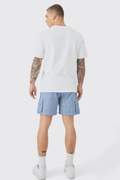 Elasticated Waist Pinstripe Linen Look Short In Blue | BoohooMAN UK