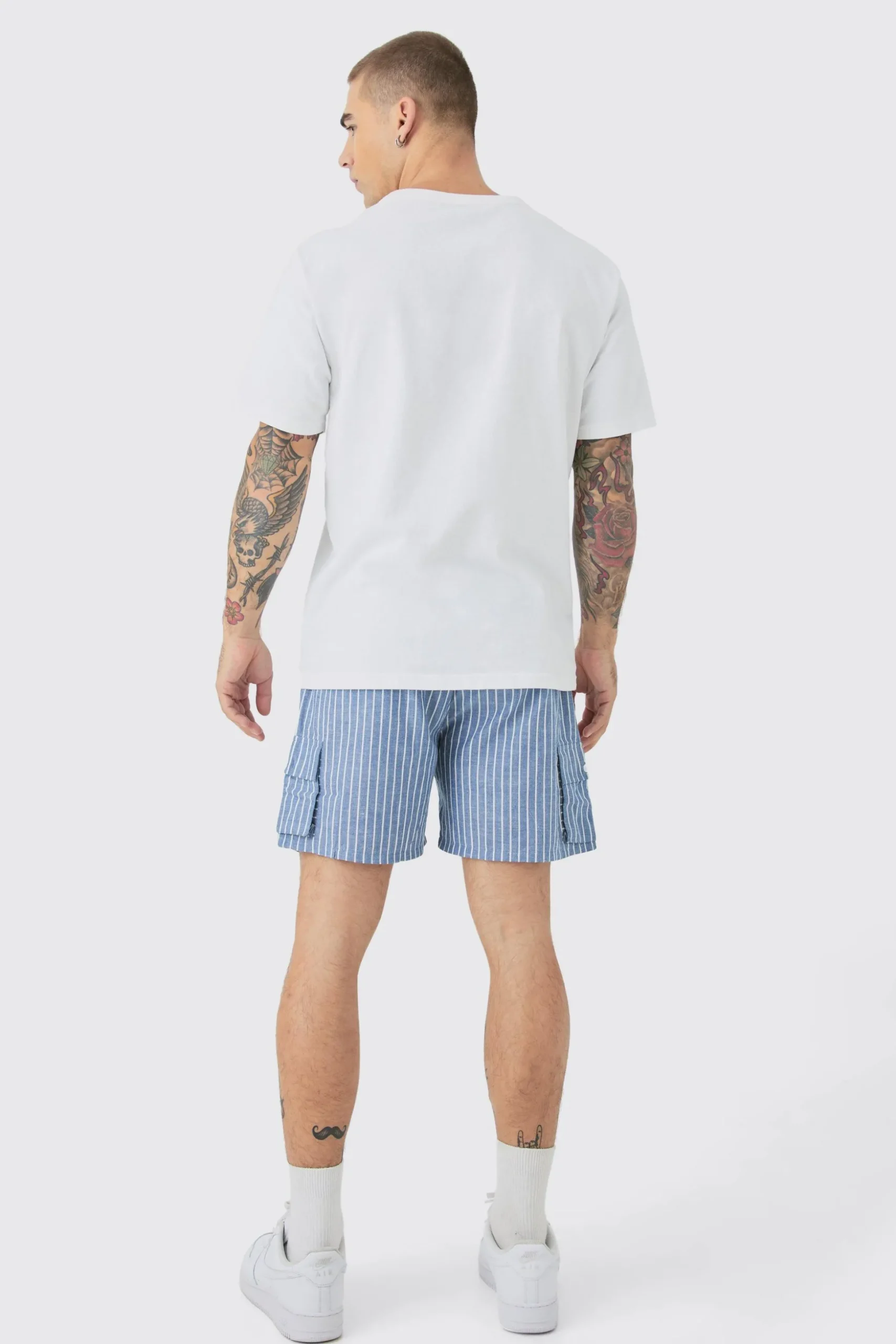 Elasticated Waist Pinstripe Linen Look Short In Blue | BoohooMAN UK