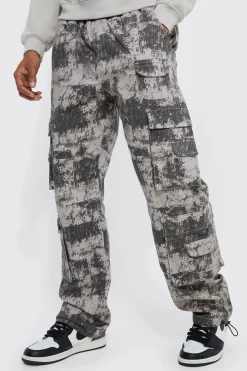 Elasticated Waist Printed Multi Pocket Stacked Cargo Trousers | BoohooMAN UK